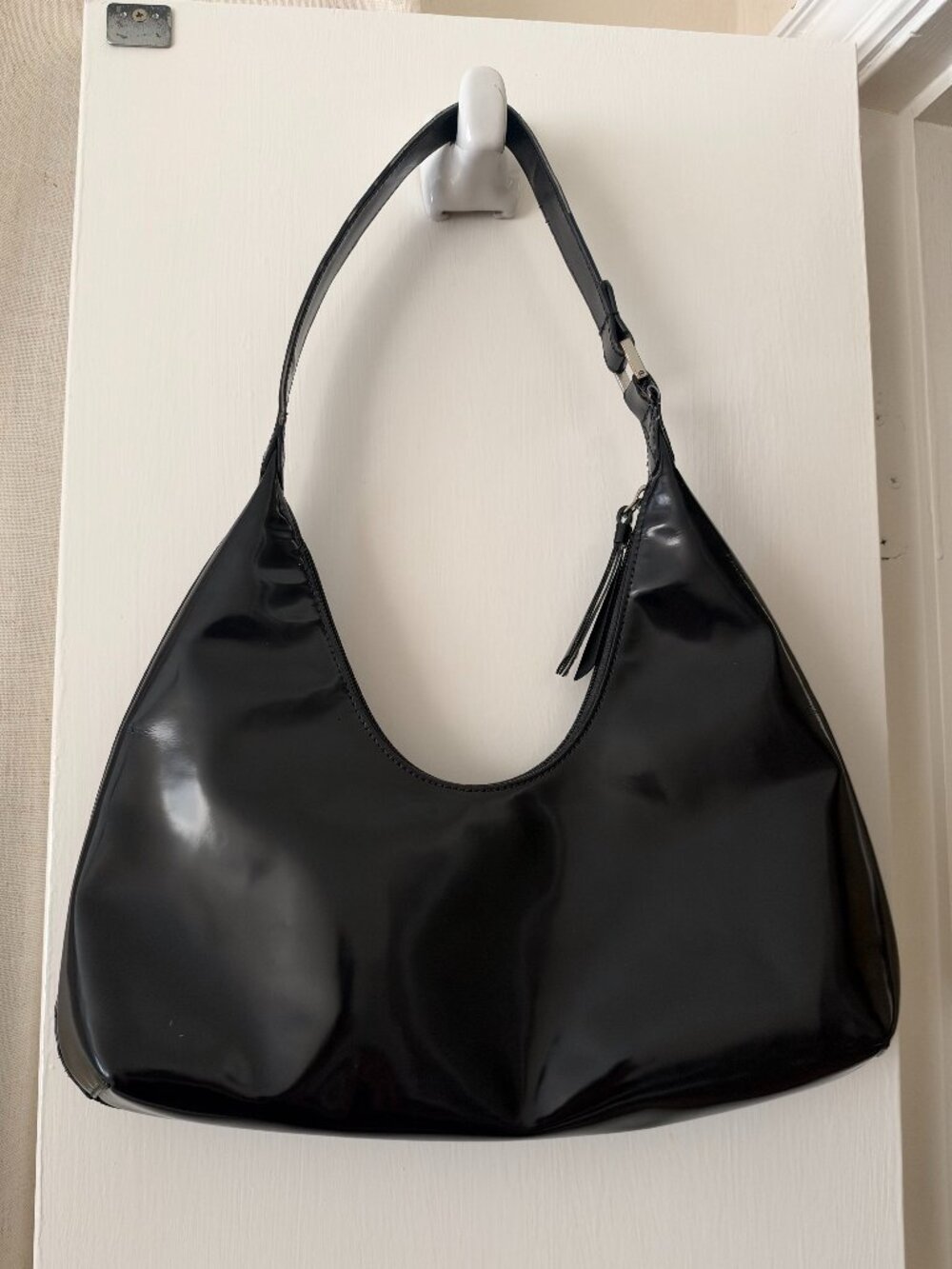 BY FAR Black Glossy Crescent Hobo Shoulder Bag